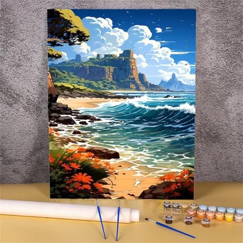 Suneve Malen Nach Zahlen Erwachsene Landschaft Meer,DIY Gebirge Handgemalt Ölgemälde Kit für Anfänger,mit Pinseln und Acrylfarben für Geschenk und Home Wall Decor(Mit Rahmen) - 30x40cm von Suneve