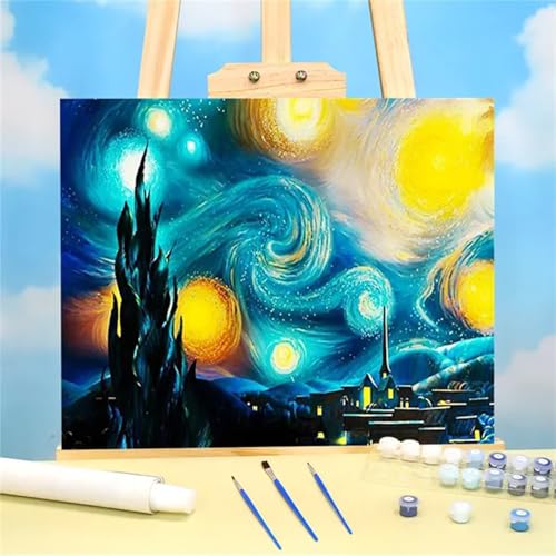 Suneve Malen Nach Zahlen Erwachsene Landschaftshäuser,DIY Sternenhimmel Handgemalt Ölgemälde Kit für Anfänger,mit Pinseln und Acrylfarben für Geschenk und Home Wall Decor(Mit Rahmen) - 40x50cm von Suneve