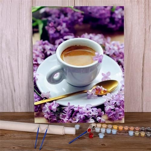 Suneve Malen Nach Zahlen Erwachsene Lila Blume,DIY Kaffee Handgemalt Ölgemälde Kit für Anfänger,mit Pinseln und Acrylfarben für Geschenk und Home Wall Decor(Mit Rahmen) - 45x60cm von Suneve