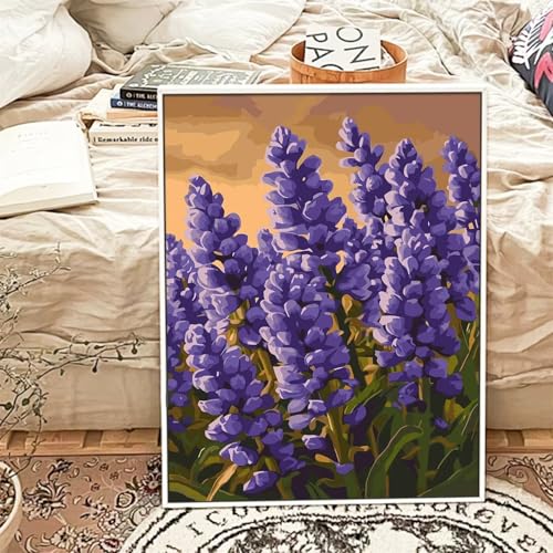 Suneve Malen Nach Zahlen Erwachsene Lila Blumen,DIY Landschaft Handgemalt Ölgemälde Kit für Anfänger,mit Pinseln und Acrylfarben für Geschenk und Home Wall Decor(Mit Rahmen) - 60x75cm von Suneve