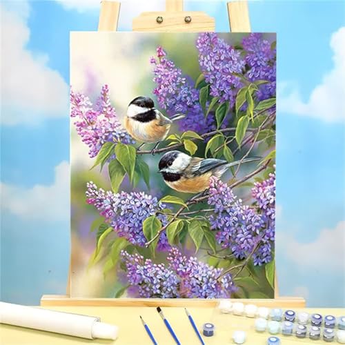 Suneve Malen Nach Zahlen Erwachsene Lila Blumen,DIY Vögel Handgemalt Ölgemälde Kit für Anfänger,mit Pinseln und Acrylfarben für Geschenk und Home Wall Decor(Mit Rahmen) - 45x60cm von Suneve