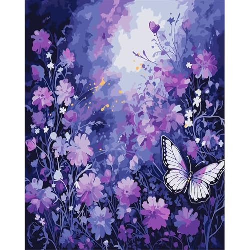 Suneve Malen Nach Zahlen Erwachsene Lila Landschaft,DIY Schmetterling Handgemalt Ölgemälde Kit für Anfänger,mit Pinseln und Acrylfarben für Geschenk und Home Wall Decor(Mit Rahmen) - 30x40cm von Suneve