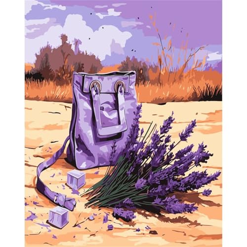 Suneve Malen Nach Zahlen Erwachsene Lila Rucksack,DIY Landschaft Handgemalt Ölgemälde Kit für Anfänger,mit Pinseln und Acrylfarben für Geschenk und Home Wall Decor(Mit Rahmen) - 45x60cm von Suneve