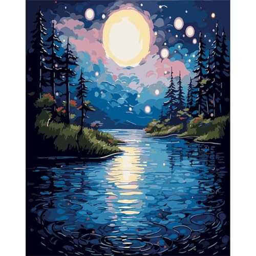 Suneve Malen Nach Zahlen Erwachsene Mondfluss,DIY Landschaft Handgemalt Ölgemälde Kit für Anfänger,mit Pinseln und Acrylfarben für Geschenk und Home Wall Decor(Mit Rahmen) - 30x40cm von Suneve