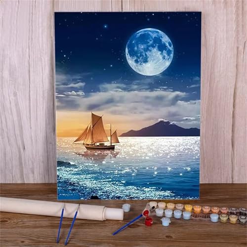 Suneve Malen Nach Zahlen Erwachsene Ozean Segelboot,DIY Mond Handgemalt Ölgemälde Kit für Anfänger,mit Pinseln und Acrylfarben für Geschenk und Home Wall Decor(Mit Rahmen) - 40x50cm von Suneve