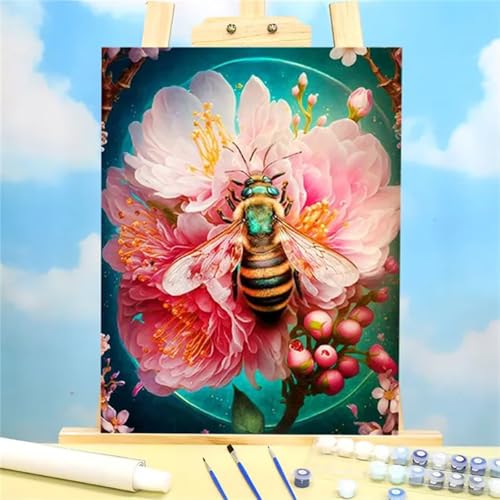 Suneve Malen Nach Zahlen Erwachsene Rosa Blume,DIY Biene Handgemalt Ölgemälde Kit für Anfänger,mit Pinseln und Acrylfarben für Geschenk und Home Wall Decor(Mit Rahmen) - 55x70cm von Suneve