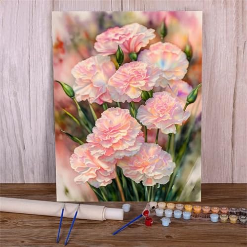 Suneve Malen Nach Zahlen Erwachsene Rosa Blumen,DIY Nelken Handgemalt Ölgemälde Kit für Anfänger,mit Pinseln und Acrylfarben für Geschenk und Home Wall Decor(Mit Rahmen) - 40x50cm von Suneve