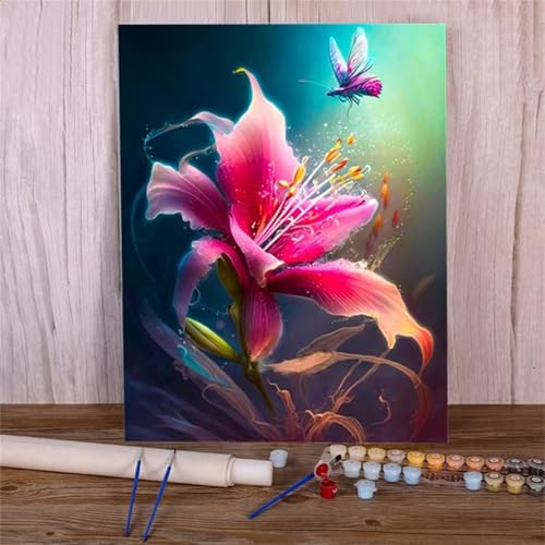 Suneve Malen Nach Zahlen Erwachsene Rosa Lilie,DIY Tier Handgemalt Ölgemälde Kit für Anfänger,mit Pinseln und Acrylfarben für Geschenk und Home Wall Decor(Mit Rahmen) - 55x70cm von Suneve