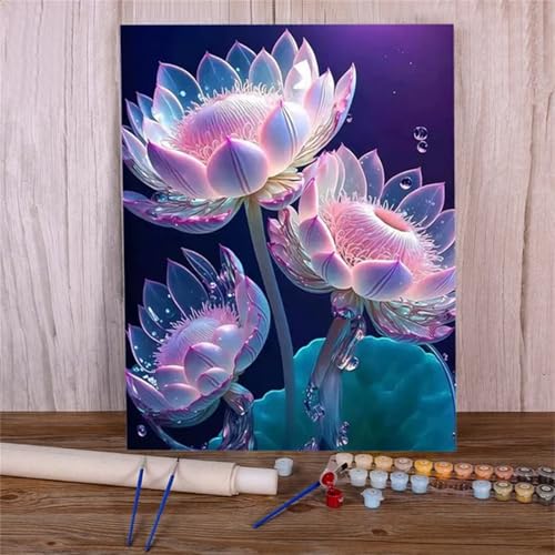 Suneve Malen Nach Zahlen Erwachsene Rosa Lotus,DIY Blume Handgemalt Ölgemälde Kit für Anfänger,mit Pinseln und Acrylfarben für Geschenk und Home Wall Decor(Mit Rahmen) - 50x65cm von Suneve