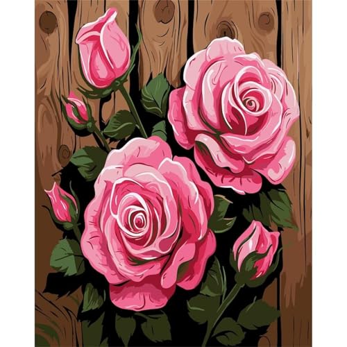 Suneve Malen Nach Zahlen Erwachsene Rosa Rose,DIY Blume Handgemalt Ölgemälde Kit für Anfänger,mit Pinseln und Acrylfarben für Geschenk und Home Wall Decor(Mit Rahmen) - 40x50cm von Suneve