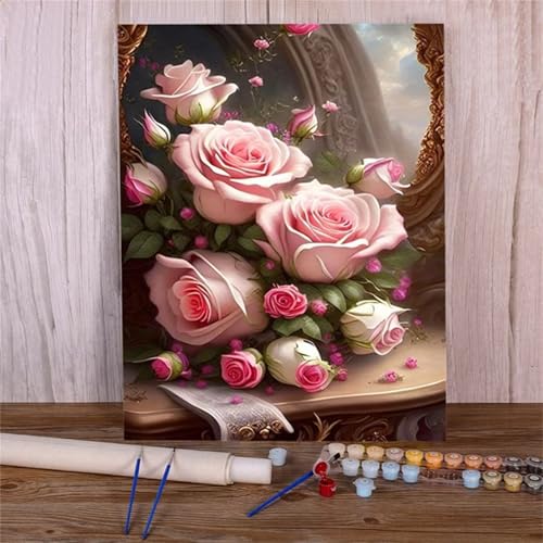 Suneve Malen Nach Zahlen Erwachsene Rosa Rosen,DIY Blume Handgemalt Ölgemälde Kit für Anfänger,mit Pinseln und Acrylfarben für Geschenk und Home Wall Decor(Mit Rahmen) - 50x65cm von Suneve