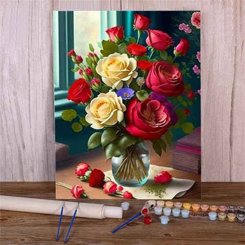 Suneve Malen Nach Zahlen Erwachsene Rosenstrauß,DIY Blume Handgemalt Ölgemälde Kit für Anfänger,mit Pinseln und Acrylfarben für Geschenk und Home Wall Decor(Mit Rahmen) - 50x65cm von Suneve