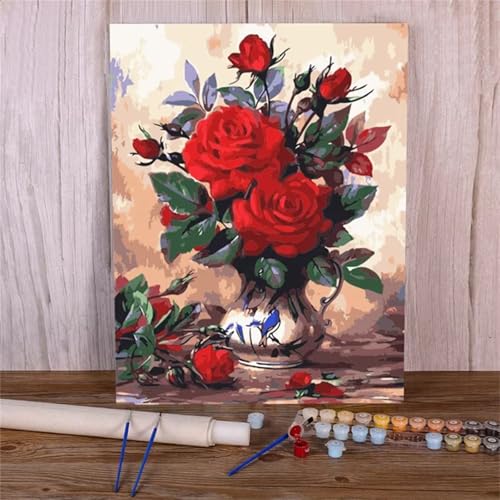 Suneve Malen Nach Zahlen Erwachsene Rote Blumen,DIY Rosen Handgemalt Ölgemälde Kit für Anfänger,mit Pinseln und Acrylfarben für Geschenk und Home Wall Decor(Mit Rahmen) - 45x60cm von Suneve