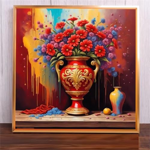 Suneve Malen Nach Zahlen Erwachsene Rote Blumenflasche,DIY Paint by Numbers mit Pinseln und Acrylfarben Handgemalt Ölgemälde Leinwand für Home Decor Mit Rahmen - 40x40cm von Suneve