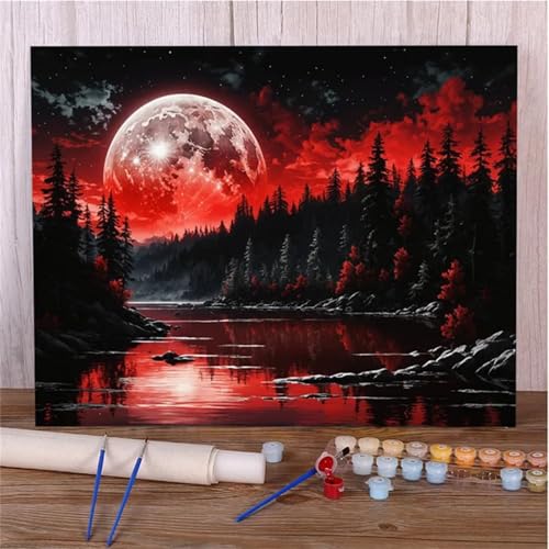 Suneve Malen Nach Zahlen Erwachsene Roter Mond,DIY Wald Handgemalt Ölgemälde Kit für Anfänger,mit Pinseln und Acrylfarben für Geschenk und Home Wall Decor(Mit Rahmen) - 50x65cm von Suneve