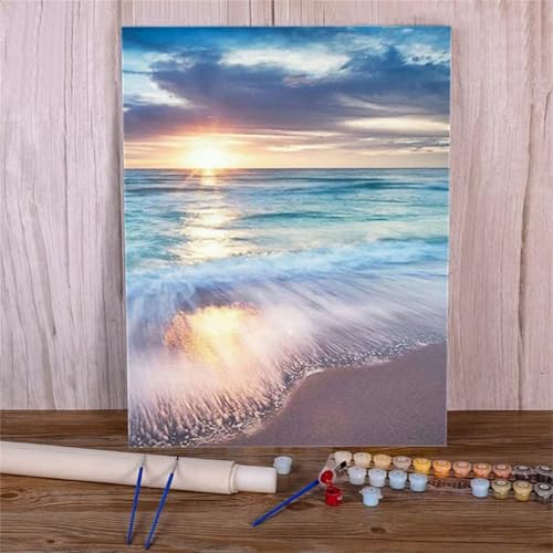 Suneve Malen Nach Zahlen Erwachsene Sonnenaufgangsstrand,DIY Seelandschaft Handgemalt Ölgemälde Kit für Anfänger,mit Pinseln und Acrylfarben für Geschenk und Home Wall Decor(Mit Rahmen) - 45x60cm von Suneve