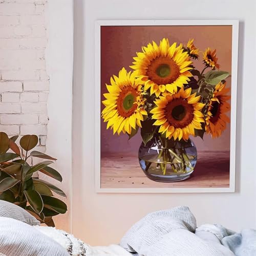 Suneve Malen Nach Zahlen Erwachsene Sonnenblumenstrauß,DIY Flasche Handgemalt Ölgemälde Kit für Anfänger,mit Pinseln und Acrylfarben für Geschenk und Home Wall Decor(Mit Rahmen) - 45x60cm von Suneve