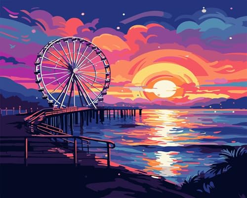 Suneve Malen Nach Zahlen Erwachsene Sonnenuntergang Landschaft,DIY Riesenrad Handgemalt Ölgemälde Kit für Anfänger,mit Pinseln und Acrylfarben für Geschenk und Home Wall Decor(Mit Rahmen) - 45x60cm von Suneve