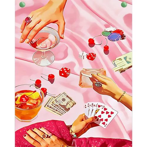 Suneve Malen Nach Zahlen Erwachsene Spiel Poker,DIY Rosa Handgemalt Ölgemälde Kit für Anfänger,mit Pinseln und Acrylfarben für Geschenk und Home Wall Decor(Mit Rahmen) - 50x65cm von Suneve