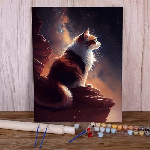 Suneve Malen Nach Zahlen Erwachsene Tier Katze,DIY Landschaft Handgemalt Ölgemälde Kit für Anfänger,mit Pinseln und Acrylfarben für Geschenk und Home Wall Decor(Mit Rahmen) - 30x40cm von Suneve