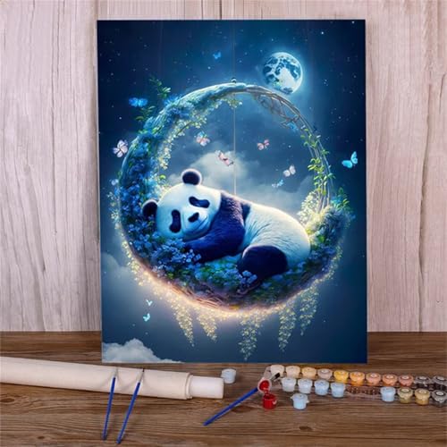 Suneve Malen Nach Zahlen Erwachsene Tier Panda,DIY Mond Handgemalt Ölgemälde Kit für Anfänger,mit Pinseln und Acrylfarben für Geschenk und Home Wall Decor(Mit Rahmen) - 30x40cm von Suneve