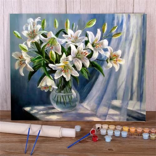 Suneve Malen Nach Zahlen Erwachsene Weiße Lilie,DIY Blume Handgemalt Ölgemälde Kit für Anfänger,mit Pinseln und Acrylfarben für Geschenk und Home Wall Decor(Mit Rahmen) - 40x50cm von Suneve