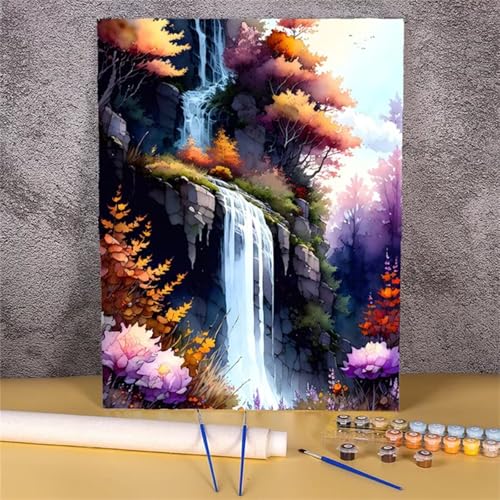 Suneve Wasserfall Blumen Malen Nach Zahlen,Landschaft Malen Nach Zahlen für Erwachsene und Anfänger,mit Pinseln und Acrylfarben(Ohne Rahmen),für Home Wanddekoration - 50x65cm von Suneve