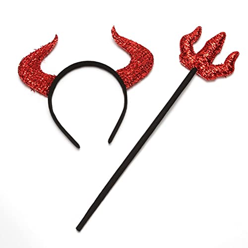 Sunisfa Halloween Dämon Horn Stirnband Dreizack Set Kostümparty, Rotes Vliesstoff-Legierungsmaterial (35/30/3) von Sunisfa