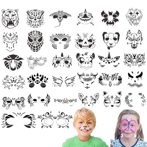 32 Stücke Tattoo Schablonen Malschablonen Kinder Wiederverwendbar Kinderschminke Schablonen Kreativität Temporäre Tattoos für Geburtstage, Weihnachten und Halloween von Sunknight