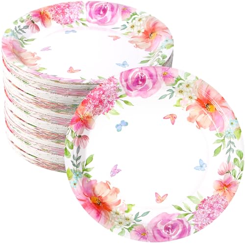 Sunnyray 100 Stück Floral Pappteller Party 22,9 cm rosa Floral Party Teller Einweg Floral Party Supplies Geschirr Teller für Garten Tee Party Hochzeit Geburtstag Babyparty Brautparty von Sunnyray