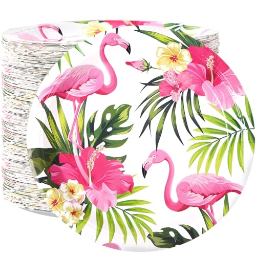 Sunnyray 100 Stück hawaiianische Flamingo-Pappteller, 22,9 cm, Luau-Partyteller, hawaiianische tropische Dessertteller, dekoratives Geschirr, Teller für Aloha, Sommer, Geburtstag, Strand, Party, von Sunnyray