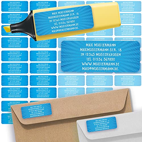 Adress-Etiketten - Adress-Aufkleber Sticker Namensaufkleber mit Ihrem Wunschtext 57x 23mm, für 1 bis 5 Zeilen Text - 45 Stück 45 Hintergründe zur Auswahl (01 Comic Blau blue) von Sunnywall