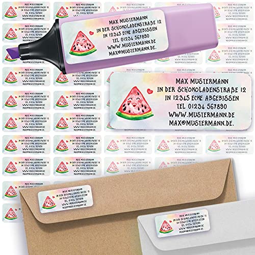 Adress-Etiketten - Adress-Aufkleber Sticker Namensaufkleber mit Ihrem Wunschtext 57x 23mm, für 1 bis 5 Zeilen Text - 45 Stück 45 Hintergründe zur Auswahl (01 Melone) von Sunnywall