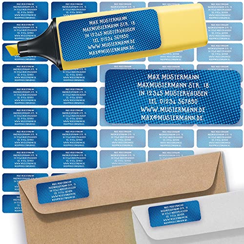 Adress-Etiketten - Adress-Aufkleber Sticker Namensaufkleber mit Ihrem Wunschtext 57x 23mm, für 1 bis 5 Zeilen Text - 45 Stück 45 Hintergründe zur Auswahl (03 Comic Dunkelblau dark blue) von Sunnywall