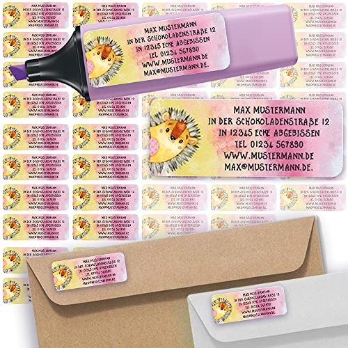 Adress-Etiketten - Adress-Aufkleber Sticker Namensaufkleber mit Ihrem Wunschtext 57x 23mm, für 1 bis 5 Zeilen Text - 45 Stück 45 Hintergründe zur Auswahl (03 Igel Hedgehog) von Sunnywall