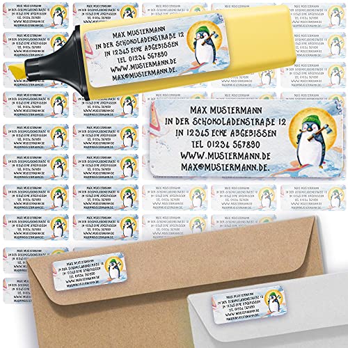 Adress-Etiketten - Adress-Aufkleber Sticker Namensaufkleber mit Ihrem Wunschtext 57x 23mm, für 1 bis 5 Zeilen Text - 45 Stück 45 Hintergründe zur Auswahl (04 Pinguin Penguin) von Sunnywall