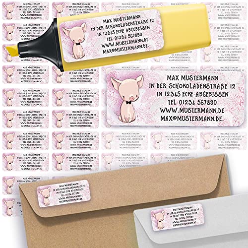 Adress-Etiketten - Adress-Aufkleber Sticker Namensaufkleber mit Ihrem Wunschtext 57x 23mm, für 1 bis 5 Zeilen Text - 45 Stück 45 Hintergründe zur Auswahl (09 Schweinchen Piggy) von Sunnywall