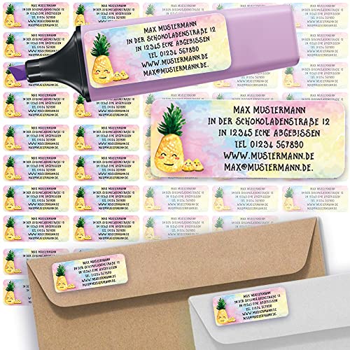 Adress-Etiketten - Adress-Aufkleber Sticker Namensaufkleber mit Ihrem Wunschtext 57x 23mm, für 1 bis 5 Zeilen Text - 45 Stück 45 Hintergründe zur Auswahl (11 Ananas Pineapple) von Sunnywall