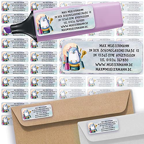 Adress-Etiketten - Adress-Aufkleber Sticker Namensaufkleber mit Ihrem Wunschtext 57x 23mm, für 1 bis 5 Zeilen Text - 45 Stück 45 Hintergründe zur Auswahl (13 Pinguin Penguin) von Sunnywall