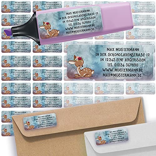 Adress-Etiketten - Adress-Aufkleber Sticker Namensaufkleber mit Ihrem Wunschtext 57x 23mm, für 1 bis 5 Zeilen Text - 45 Stück – 45 Hintergründe zur Auswahl (17 Rehkitz Fawn) von Sunnywall