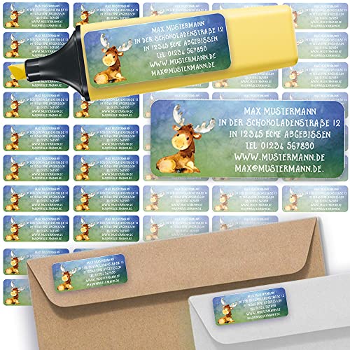 Adress-Etiketten - Adress-Aufkleber Sticker Namensaufkleber mit Ihrem Wunschtext 57x 23mm, für 1 bis 5 Zeilen Text - 45 Stück 45 Hintergründe zur Auswahl (18 Elch Moose) von Sunnywall