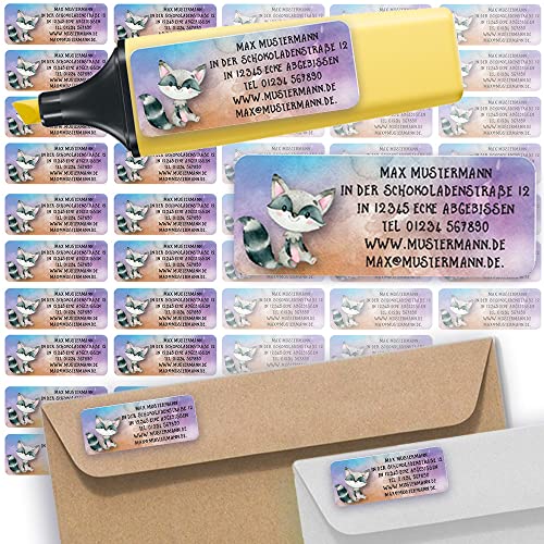 Adress-Etiketten - Adress-Aufkleber Sticker Namensaufkleber mit Ihrem Wunschtext 57x 23mm, für 1 bis 5 Zeilen Text - 45 Stück 45 Hintergründe zur Auswahl (21 Waschbär Racoon) von Sunnywall