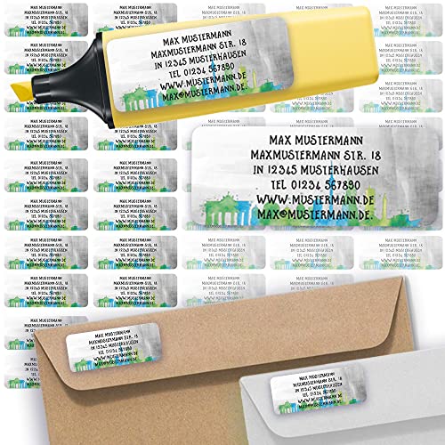 Adress-Etiketten - Adress-Aufkleber Sticker Namensaufkleber mit Ihrem Wunschtext 57x 23mm, für 1 bis 5 Zeilen Text - 45 Stück 45 Hintergründe zur Auswahl (22 Watercolor Skyline Berlin) von Sunnywall