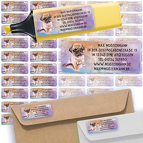 Adress-Etiketten - Adress-Aufkleber Sticker Namensaufkleber mit Ihrem Wunschtext 57x 23mm, für 1 bis 5 Zeilen Text - 45 Stück 45 Hintergründe zur Auswahl (23 Mops Pug) von Sunnywall