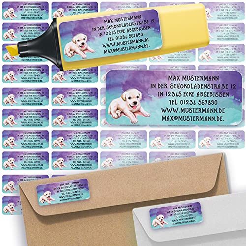 Adress-Etiketten - Adress-Aufkleber Sticker Namensaufkleber mit Ihrem Wunschtext 57x 23mm, für 1 bis 5 Zeilen Text - 45 Stück 45 Hintergründe zur Auswahl (24 Golden Retriever) von Sunnywall