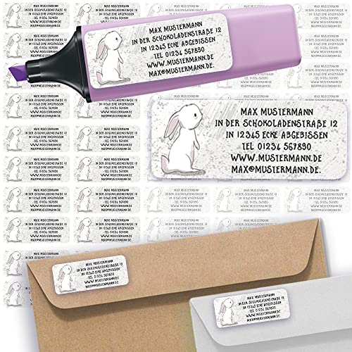 Adress-Etiketten - Adress-Aufkleber Sticker Namensaufkleber mit Ihrem Wunschtext 57x 23mm, für 1 bis 5 Zeilen Text - 45 Stück 45 Hintergründe zur Auswahl (25 Hase Rabbit) von Sunnywall