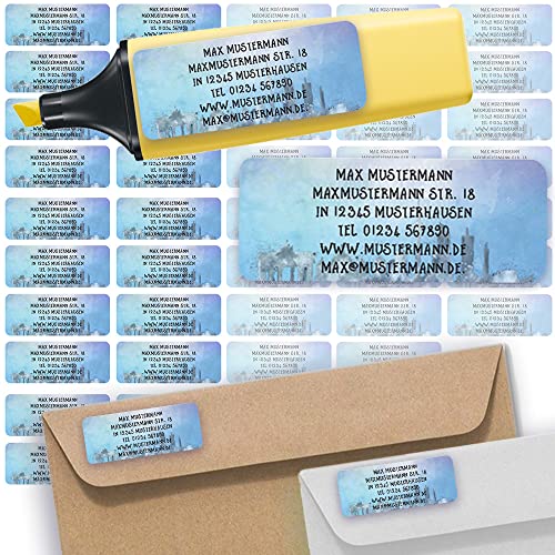 Adress-Etiketten - Adress-Aufkleber Sticker Namensaufkleber mit Ihrem Wunschtext 57x 23mm, für 1 bis 5 Zeilen Text - 45 Stück 45 Hintergründe zur Auswahl (25 Watercolor Skyline Berlin Grau gray) von Sunnywall