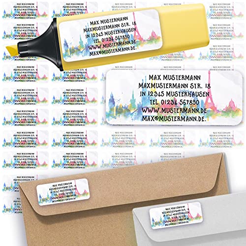 Adress-Etiketten - Adress-Aufkleber Sticker Namensaufkleber mit Ihrem Wunschtext 57x 23mm, für 1 bis 5 Zeilen Text - 45 Stück 45 Hintergründe zur Auswahl (26 Skyline Abstarkt abstract) von Sunnywall