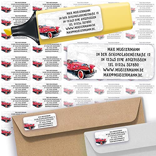 Adress-Etiketten - Adress-Aufkleber Sticker Namensaufkleber mit Ihrem Wunschtext 57x 23mm, für 1 bis 5 Zeilen Text - 45 Stück 45 Hintergründe zur Auswahl (36 Oldtimer) von Sunnywall