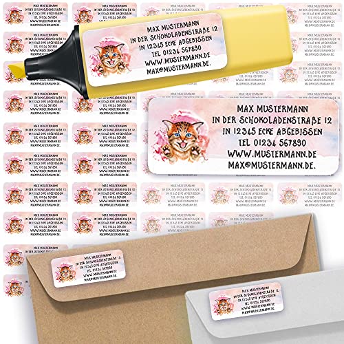 Adress-Etiketten - Adress-Aufkleber Sticker Namensaufkleber mit Ihrem Wunschtext 57x 23mm, für 1 bis 5 Zeilen Text - 45 Stück 45 Hintergründe zur Auswahl (37 Katze Cat) von Sunnywall